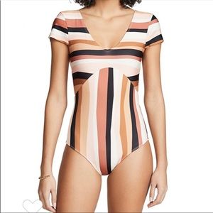 Seea Swim Striped One Piece V-Neck Short Sleeve Bathing Suit Women's Medium